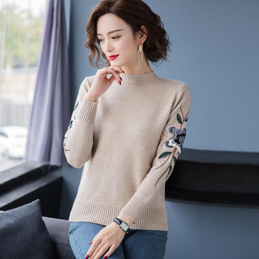 PY-38852       秋冬装新款时尚刺绣女士韩版宽松半高领打底针织毛衣套头 商品图1