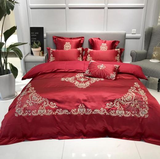 【婚庆套件】。古典欧美风500T锦缎刺绣大红色结婚床品套件 商品图0