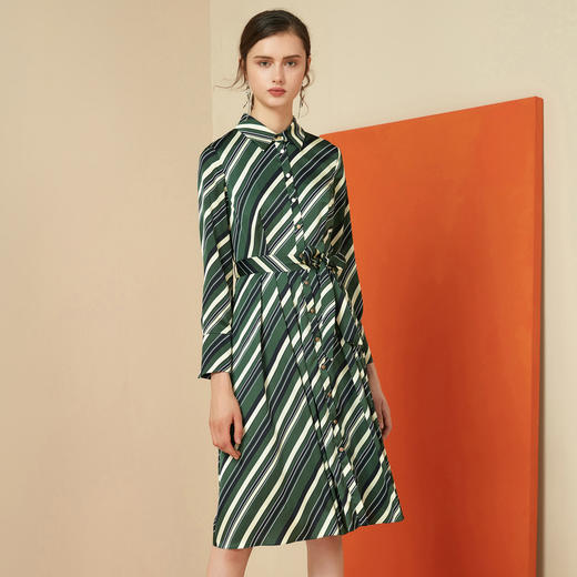 EITIE爱特爱女装秋新品时尚斜条纹显瘦通勤收腰衬衫连衣裙6007721 商品图2