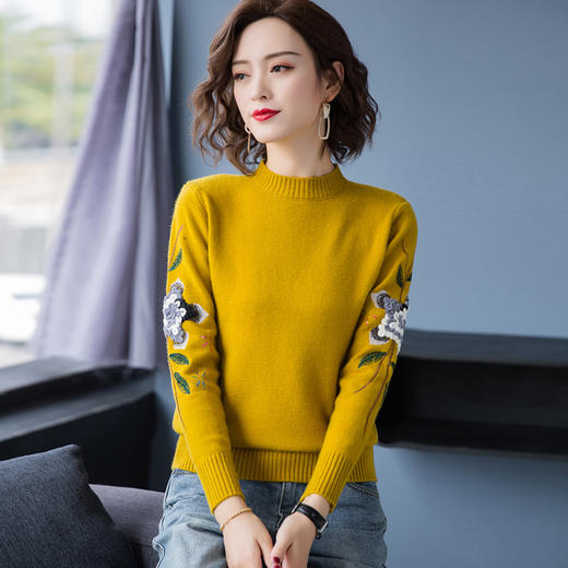 PY-38852       秋冬装新款时尚刺绣女士韩版宽松半高领打底针织毛衣套头 商品图3