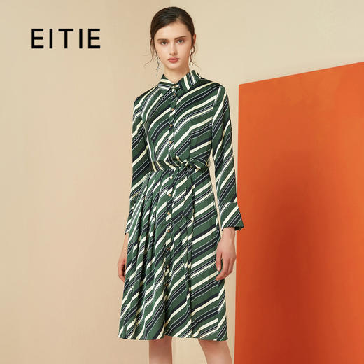 EITIE爱特爱女装秋新品时尚斜条纹显瘦通勤收腰衬衫连衣裙6007721 商品图0
