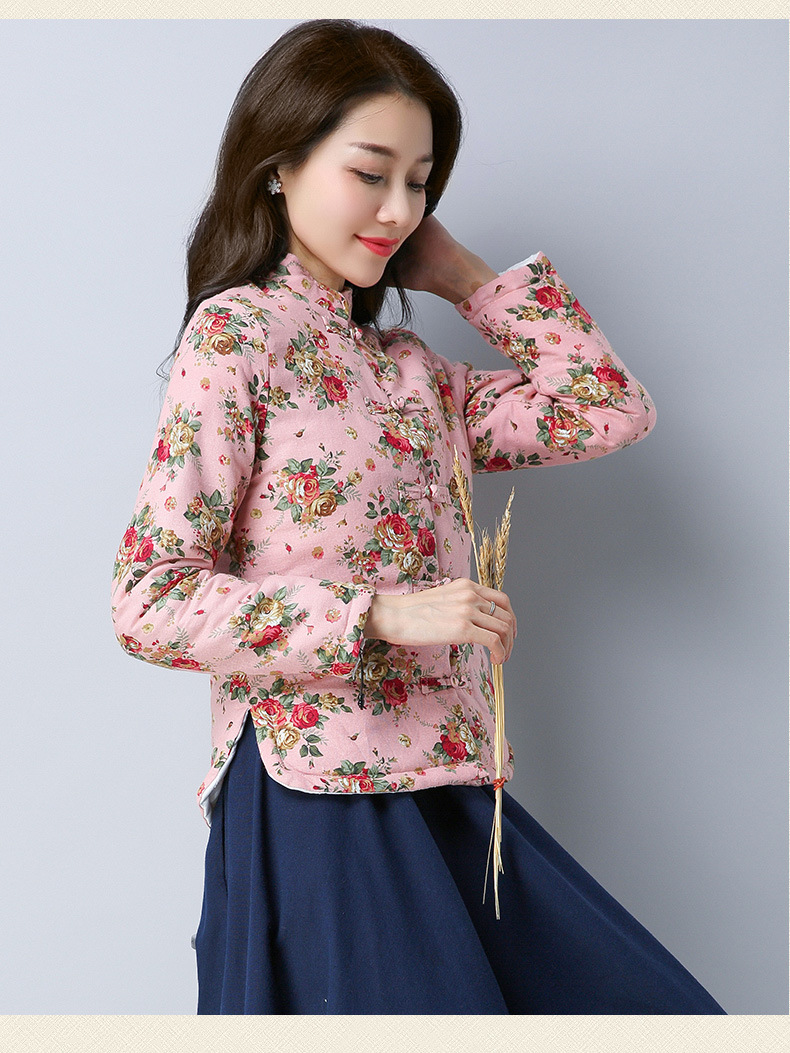 f-jl3269 秋冬民族风女装文艺小碎花加厚保暖棉麻短款棉袄