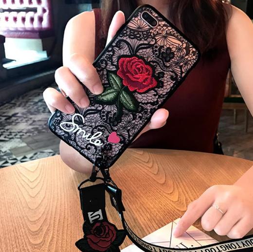 【手机壳】 。浮雕刺绣玫瑰花苹果7手机壳适用于iphone XSMAX/8P带挂绳女保护套 商品图1