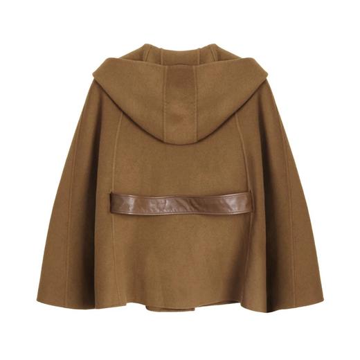 咖啡色连帽羊皮腰带短款披风