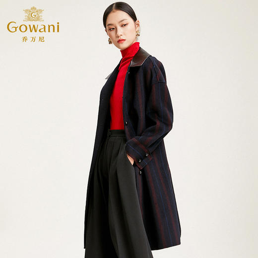 【100%绵羊毛】乔万尼秋冬毛呢大衣女时尚条纹翻领阔版外套气质中长韩版EN4A790 商品图1