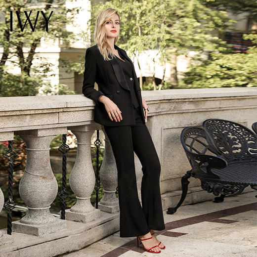 IWY/微喇叭裤脚橄榄纯黑西装套装时尚拼接大刀领职业女装CPM8376 商品图2