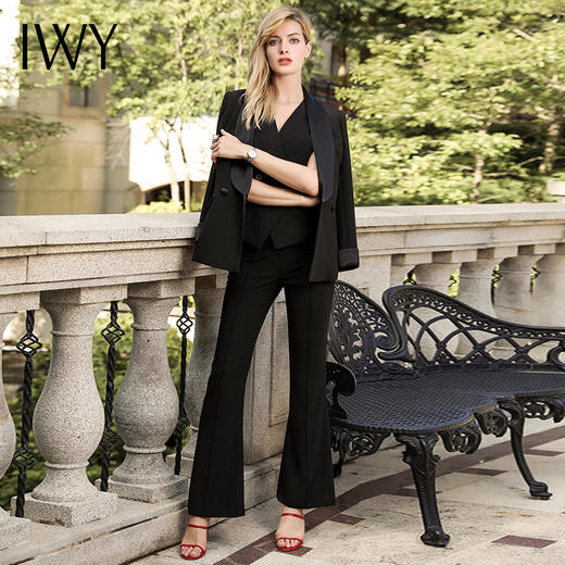 IWY/微喇叭裤脚橄榄纯黑西装套装时尚拼接大刀领职业女装CPM8376 商品图0