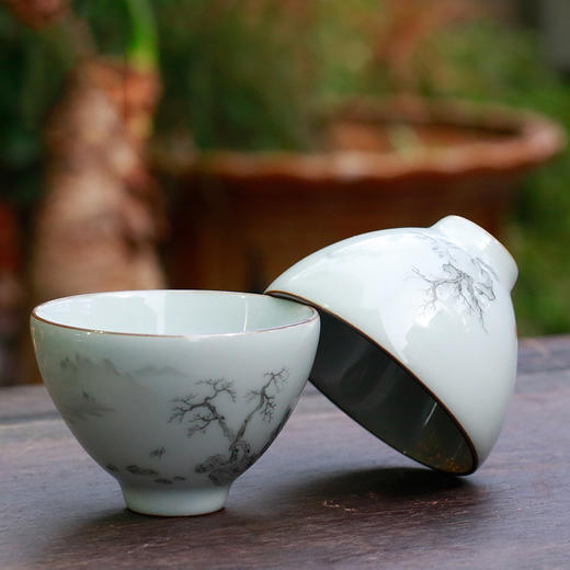 官窑品茗杯.手绘山水功夫茶杯(枯木发荣） 商品图3