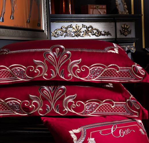 【婚庆套件】。美式大红婚庆全棉四件套1.8M刺绣欧式结婚床上家纺 商品图2