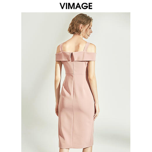 VIMAGE纬漫纪女装甜美一字肩修身收腰开叉连衣裙显瘦V1207844 商品图4