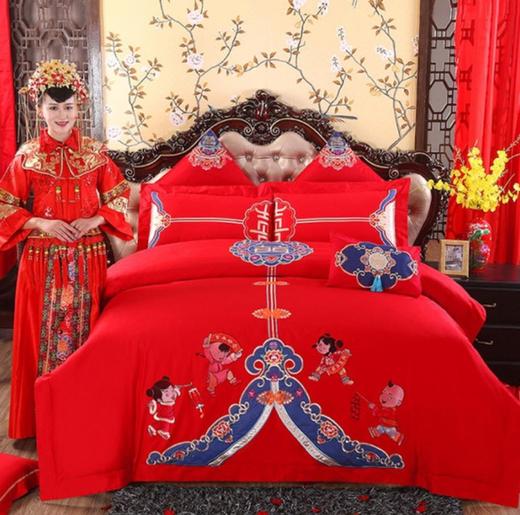 【婚庆套件】。80支全棉婚庆四件套 刺绣被套大红床单 商品图0