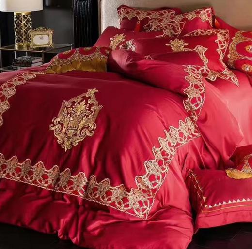 【婚庆套件】。中式婚庆床上用品 60S长绒棉刺绣大红宫廷风被套 商品图0