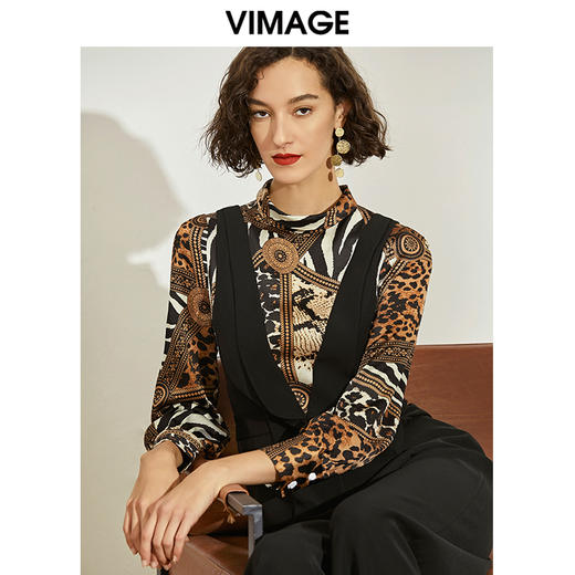 VIMAGE纬漫纪女装秋冬新品个性豹纹半高领气质显瘦连体阔腿裤V1207821 商品图0