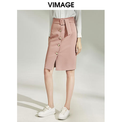 VIMAGE纬漫纪女装秋新品时尚干练纯色纽扣装饰半身裙包臀V1206822 商品图3