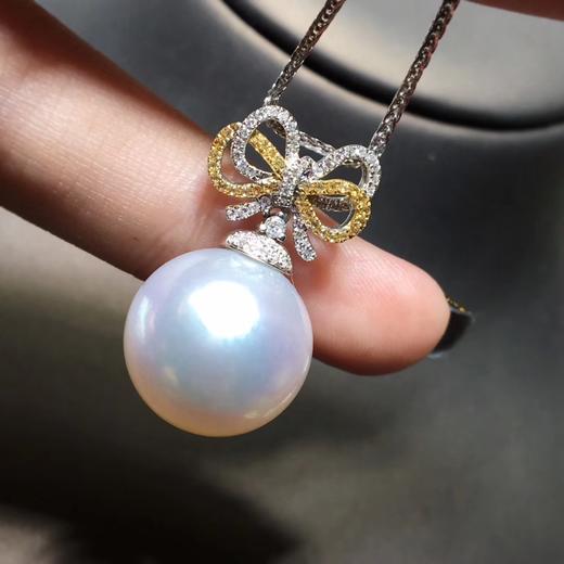 天然澳白珍珠吊坠珠子15mm正圆超大颗珍珠微微瑕微生物纹18k金镶黄白