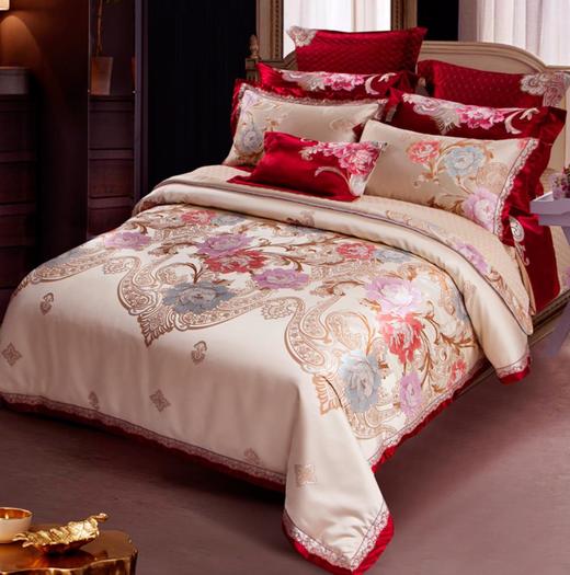 【婚庆套件】。欧式婚庆四件套床上用品奢华大红刺绣贡缎 商品图0