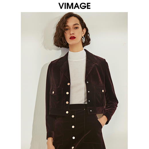 VIMAGE纬漫纪女装秋冬新品时尚翻领复古灯芯绒单排扣短外套V1203808 商品图0