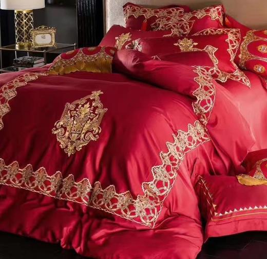 【婚庆套件】。中式婚庆床上用品 60S长绒棉刺绣大红宫廷风被套 商品图2