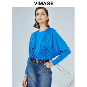 VIMAGE纬漫纪女装秋复古摩登褶皱修身显瘦蝙蝠袖单上衣套头V1213811