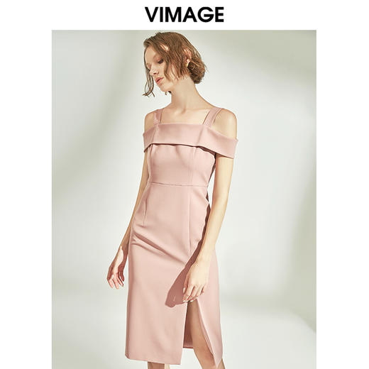 VIMAGE纬漫纪女装甜美一字肩修身收腰开叉连衣裙显瘦V1207844 商品图0