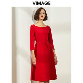 VIMAGE纬漫纪女装秋冬新品大气优雅收腰一字领红色连衣裙显瘦V1277806