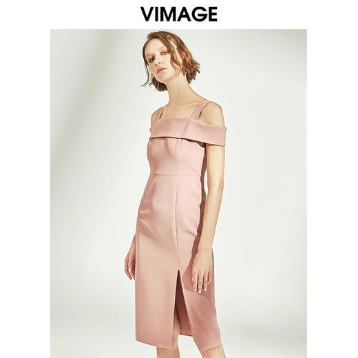 VIMAGE纬漫纪女装甜美一字肩修身收腰开叉连衣裙显瘦V1207844 商品图3