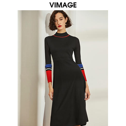 VIMAGE纬漫纪秋新品时尚撞色半高领针织衫优雅气质连衣裙女V1201802 商品图0