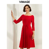 VIMAGE纬漫纪女装秋冬新品大气优雅收腰一字领红色连衣裙显瘦V1277806 商品缩略图3
