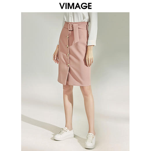 VIMAGE纬漫纪女装秋新品时尚干练纯色纽扣装饰半身裙包臀V1206822 商品图1