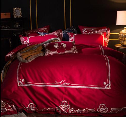 【婚庆套件】。美式大红婚庆全棉四件套1.8M刺绣欧式结婚床上家纺 商品图0