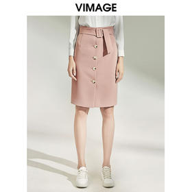 VIMAGE纬漫纪女装秋新品时尚干练纯色纽扣装饰半身裙包臀V1206822