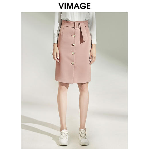 VIMAGE纬漫纪女装秋新品时尚干练纯色纽扣装饰半身裙包臀V1206822 商品图0