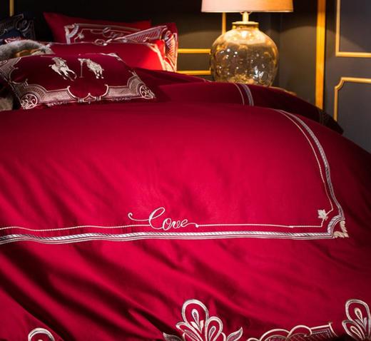 【婚庆套件】。美式大红婚庆全棉四件套1.8M刺绣欧式结婚床上家纺 商品图1