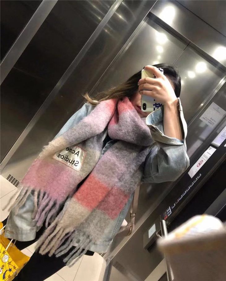 acne冬季彩虹流苏双面格子加厚软糯羊毛混纺围巾