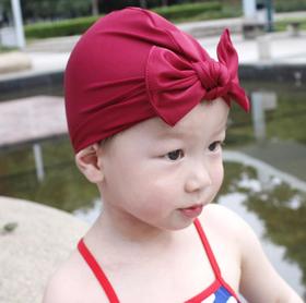 【泳帽】儿童泳帽跨境爆款涤纶腈纶宝宝蝴蝶结帽子好弹力纯色印花宝宝泳帽