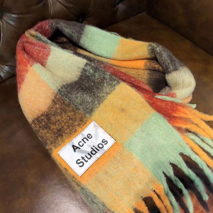 acne冬季彩虹流苏双面格子加厚软糯羊毛混纺围巾