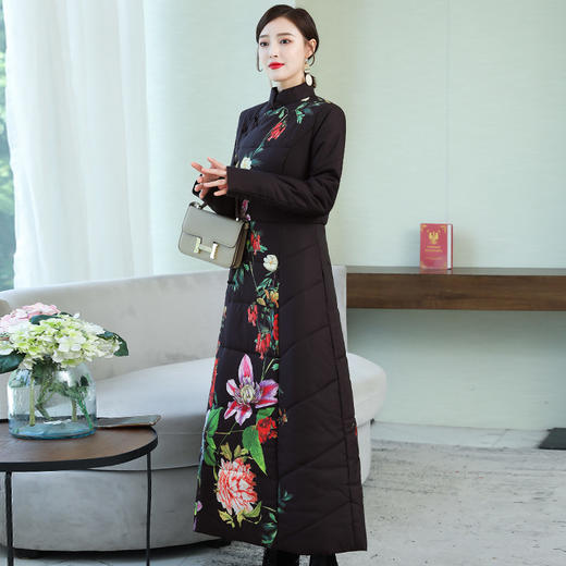 F-NE5288秋季超长款过膝民族风印花羽绒棉衣外套 商品图1