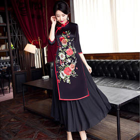 YX-8006新款七分袖立领斜襟盘扣旗袍裙