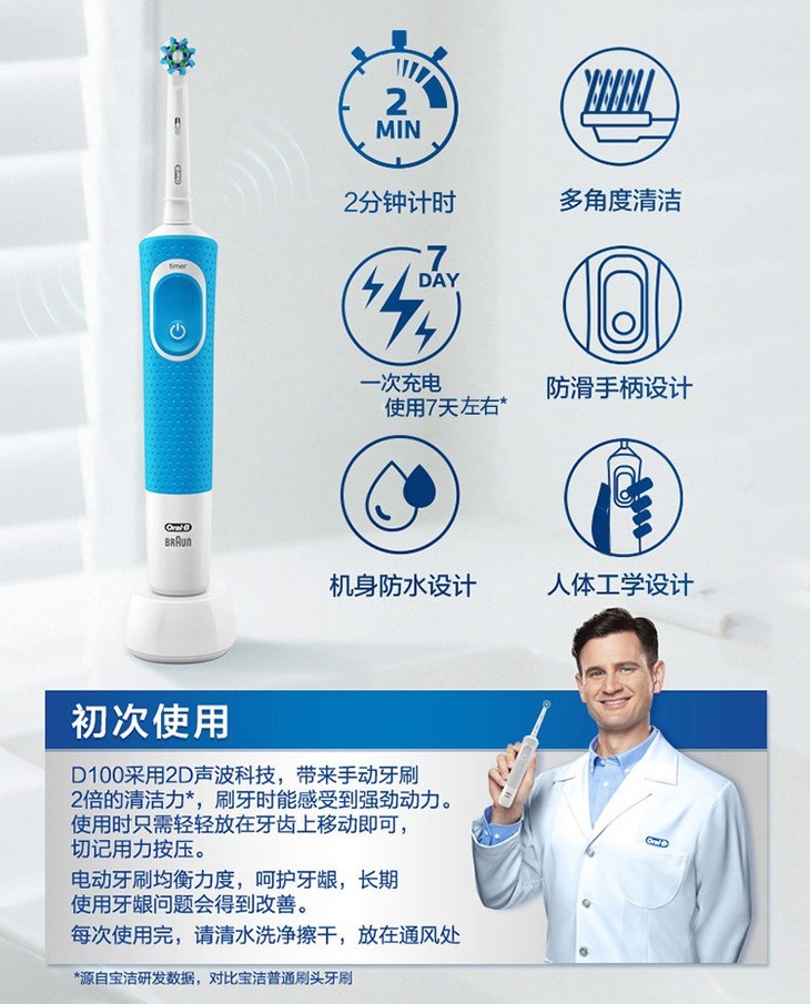 德国博朗oralb欧乐b电动牙刷d12成人充电式深层清洁绿色
