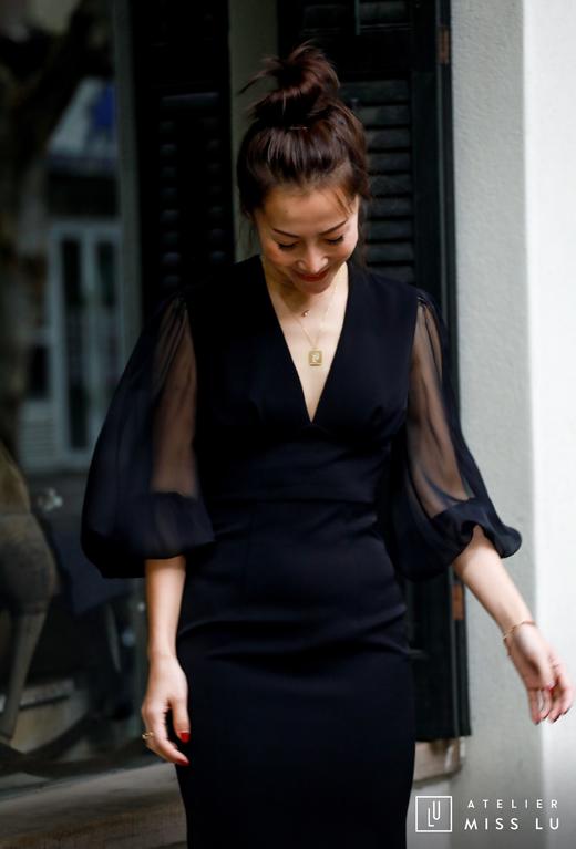 AtelierMissLu / Marsha-光泽黑欧根纱拼接连身裙 商品图4