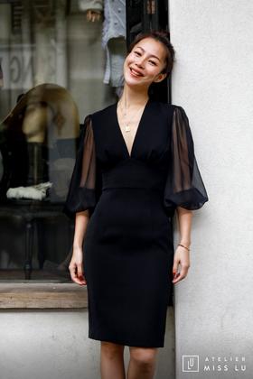 AtelierMissLu / Marsha-光泽黑欧根纱拼接连身裙