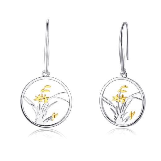 兰花团扇纯银分色镀金耳坠 商品图3