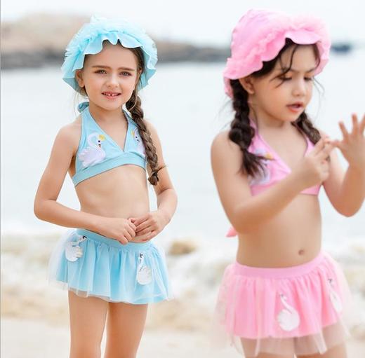 【运动装备】儿童泳衣分体女孩比基尼系带公主裙泳帽三件套可爱天鹅潜水服 商品图2