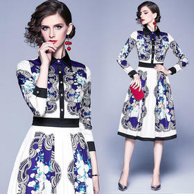 JSM-N609-8803欧美时尚修身长袖方领中长款印花连衣裙