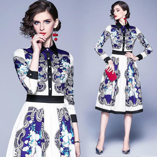 JSM-N609-8803欧美时尚修身长袖方领中长款印花连衣裙 商品图0