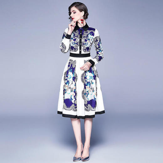 JSM-N609-8803欧美时尚修身长袖方领中长款印花连衣裙 商品图4