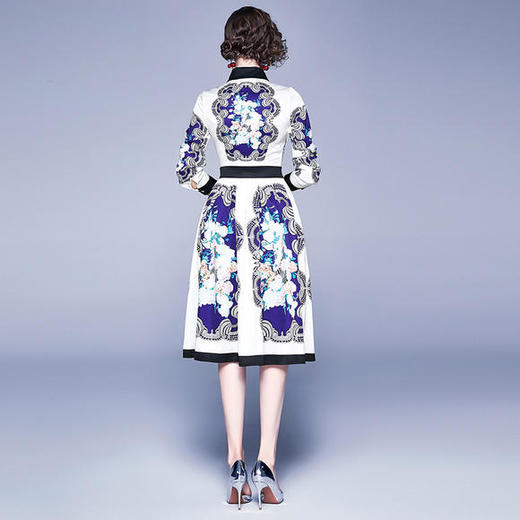 JSM-N609-8803欧美时尚修身长袖方领中长款印花连衣裙 商品图2