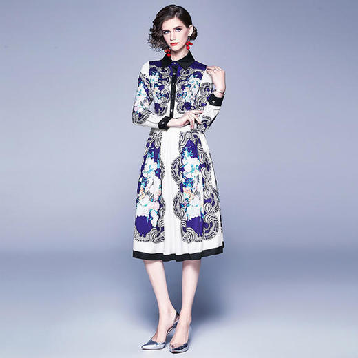 JSM-N609-8803欧美时尚修身长袖方领中长款印花连衣裙 商品图1