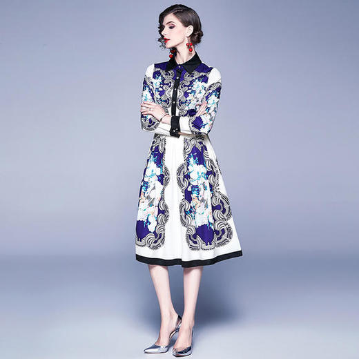 JSM-N609-8803欧美时尚修身长袖方领中长款印花连衣裙 商品图3