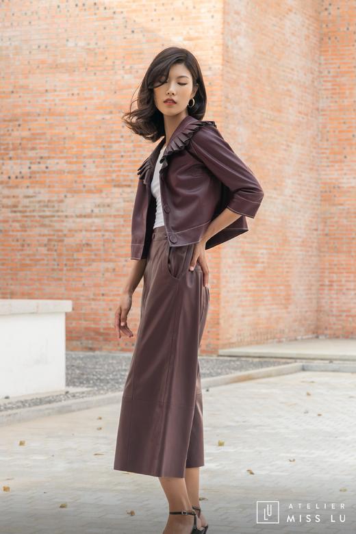 AtelierMissLu / Lucille-酒红褶皱装饰仿皮外套 商品图8